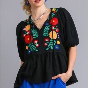 Umgee Cotton Babydoll Top Floral Embroidery Half Sleeve Blouse Plus Size 1XL